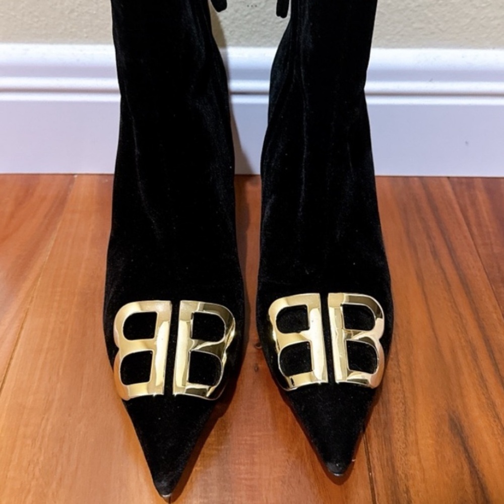 Balenciaga Black Velvet Pointed Toe Heeled Boots with Gold BB Hardware